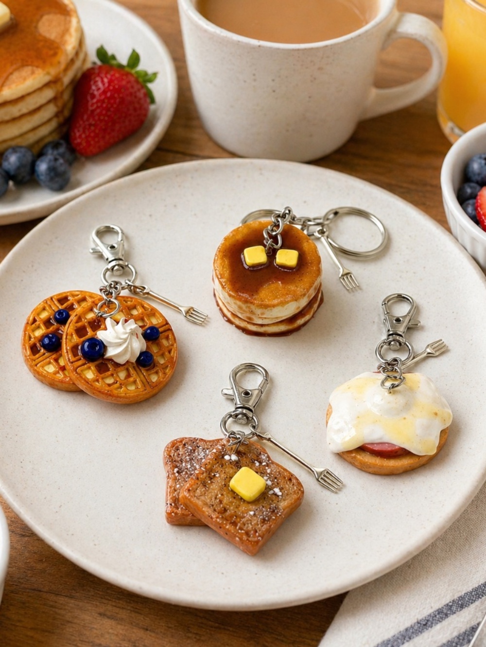 Breakfast Food Keychain or Bag Clip – Pancakes, Waffles, French Toast, Eggs Bene